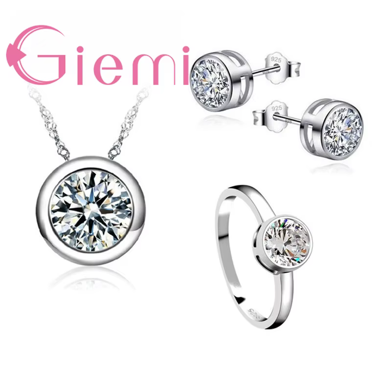 Ensemble de bijoux pour femmes, collier, boucles d'oreilles, bague de fiançailles, en argent Sterlin