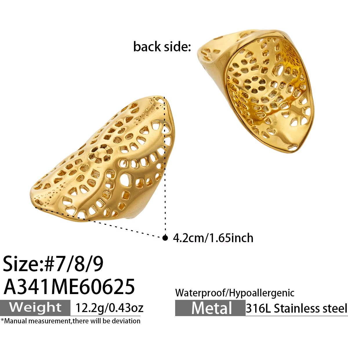 Bague à doigt entier en acier inoxydable, filigrane, plaqué or 18 carats, large, design ajouré, long