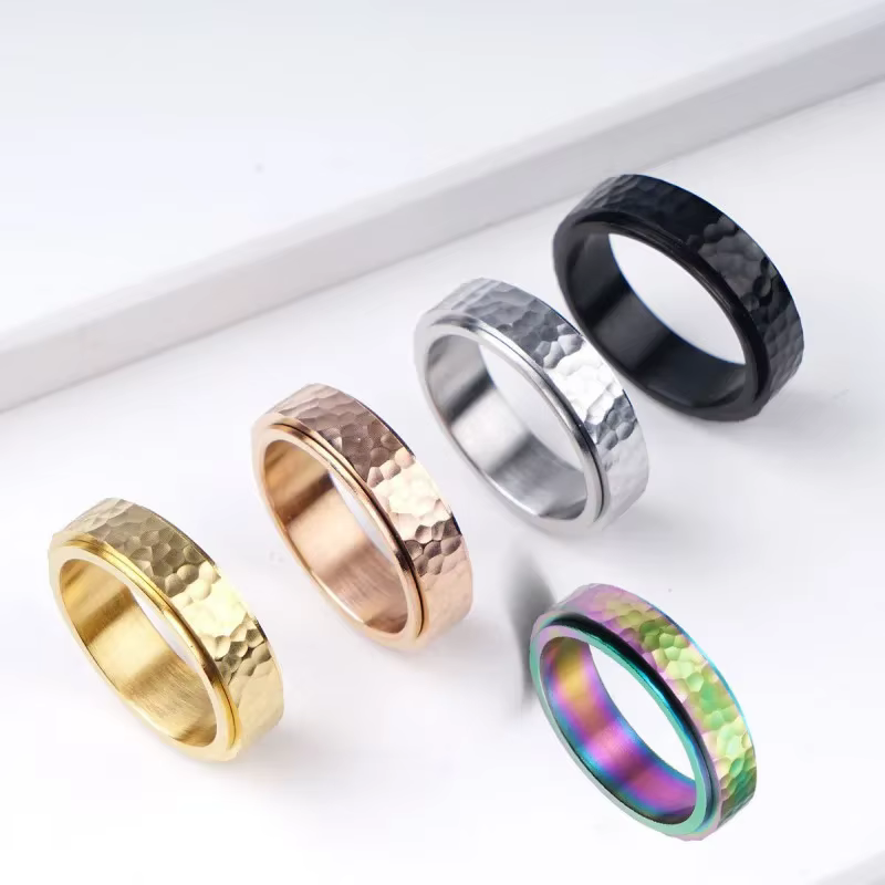 Bague en acier titane faite à la main, motif lune nouvelle, anti-stress, bijou à motif irrégulier ro