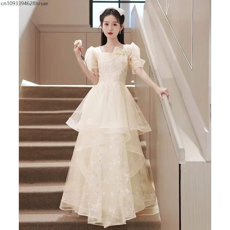 Robe de soirée d'anniversaire rose avec nœud doux pour femmes, élégante, taille haute, manches bouff