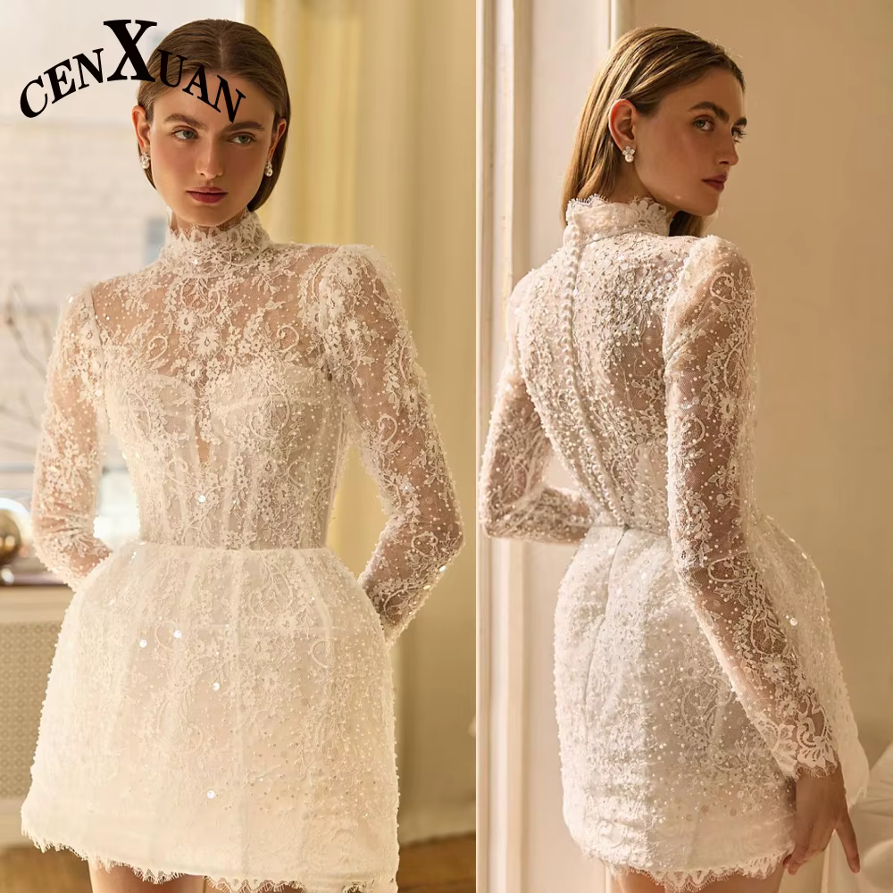 Robes de mariée vintage en dentelle CENXUAN, col haut, manches longues, boutonnées, robe de fiançail