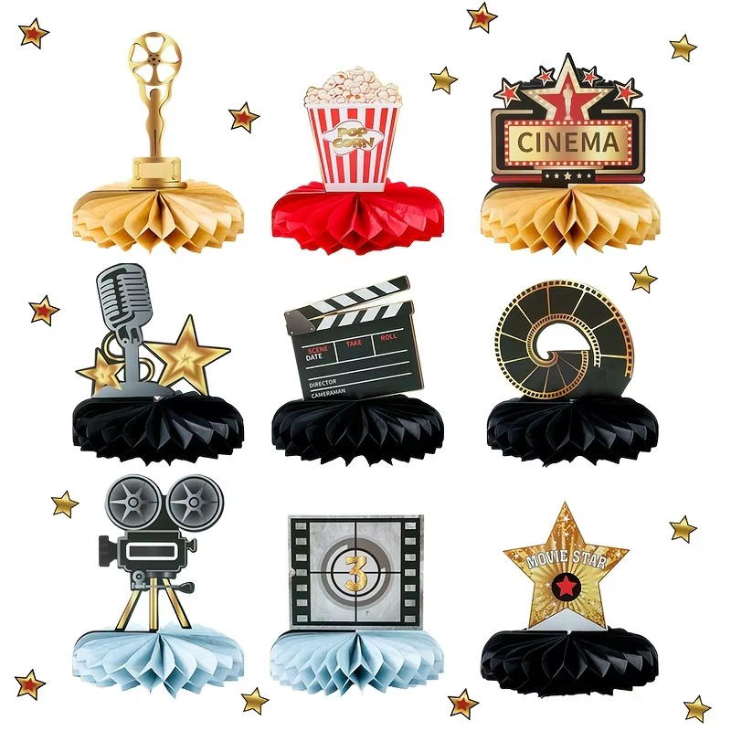 9 pièces de centres de table nid d'abeille sur le thème du cinéma Hollywoodien, 9 décorations de tab