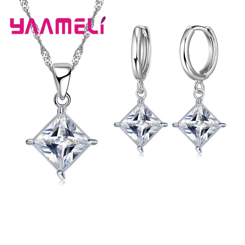 Nouvelle grande Promotion 925 en argent Sterling brillant carré Zircons pendentif collier et boucles