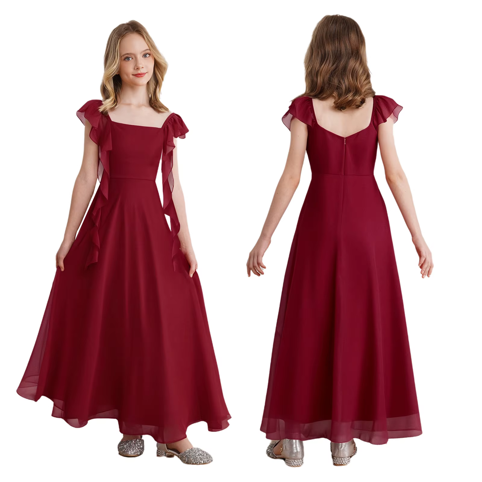 Robes de demoiselle d'honneur junior pour adolescentes, robe à fleurs, bretelles à volants, en mouss