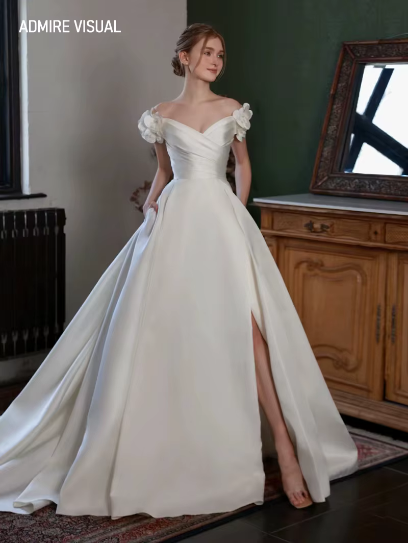 Robe De mariée trapèze en Satin, col en V, avec fente, personnalisée, grandes tailles avec fleurs 3D