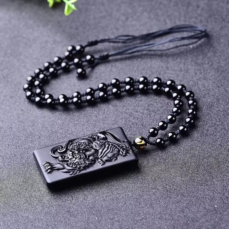 Collier Pixiu en obsidienne pour hommes et femmes, pendentif carré, bijoux de marque