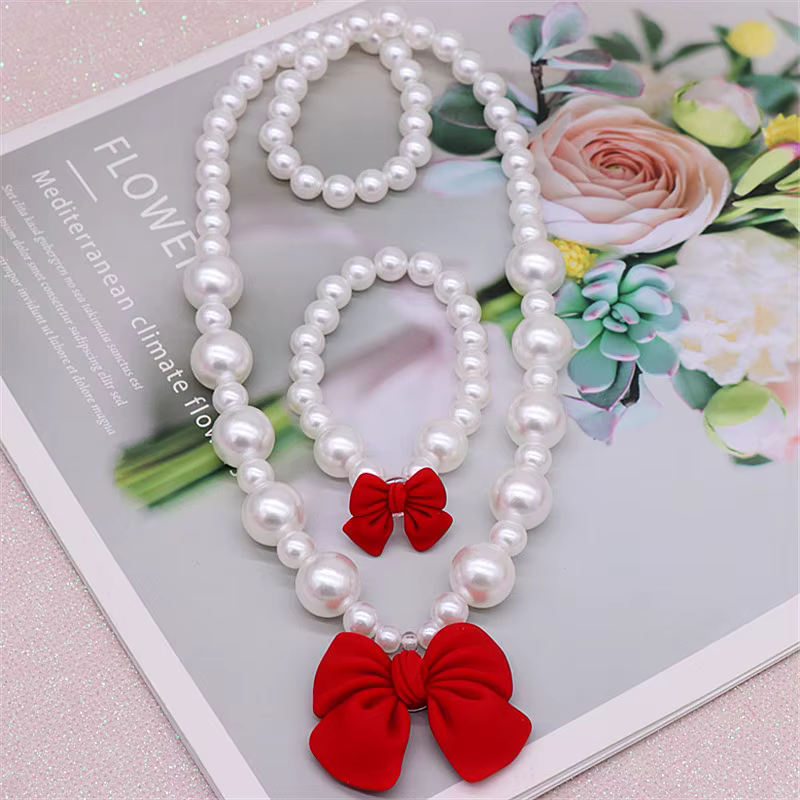 Costume de collier pour enfants, joli nœud, collier de perles, Bracelet, boucles d'oreilles, bague, 