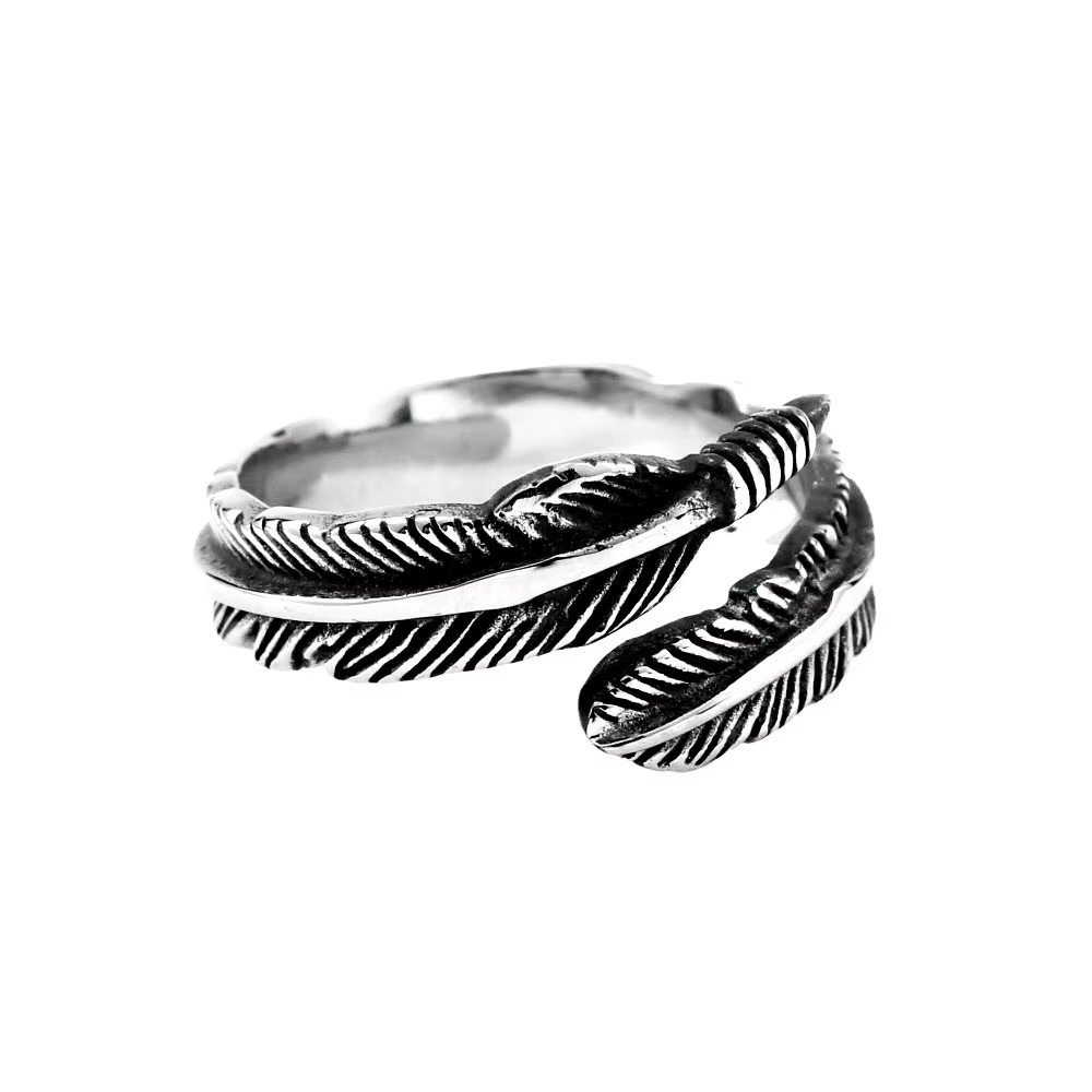 Bague vintage simple en forme de plume, style punk classique, en argent, design ouvert, en acier ino