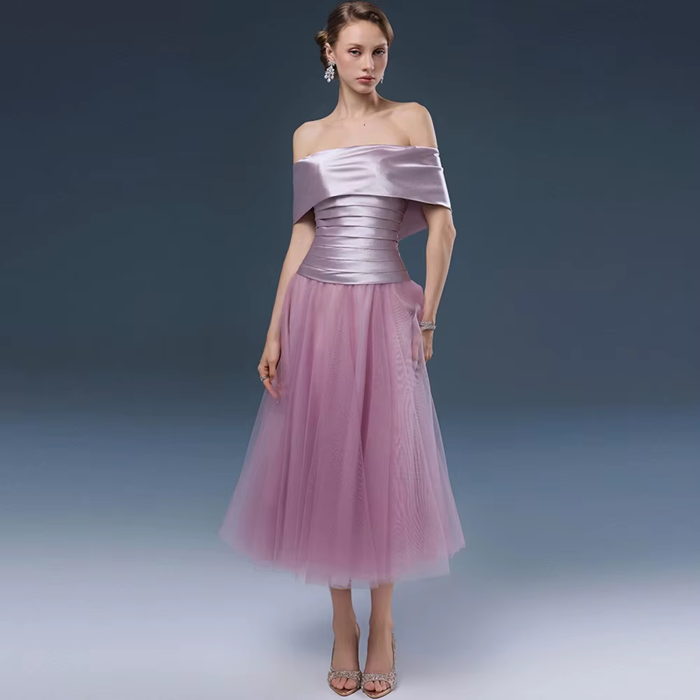 Robe de soirée élégante à col bateau, en tulle rose exquis, robes de cérémonie personnalisées, robes