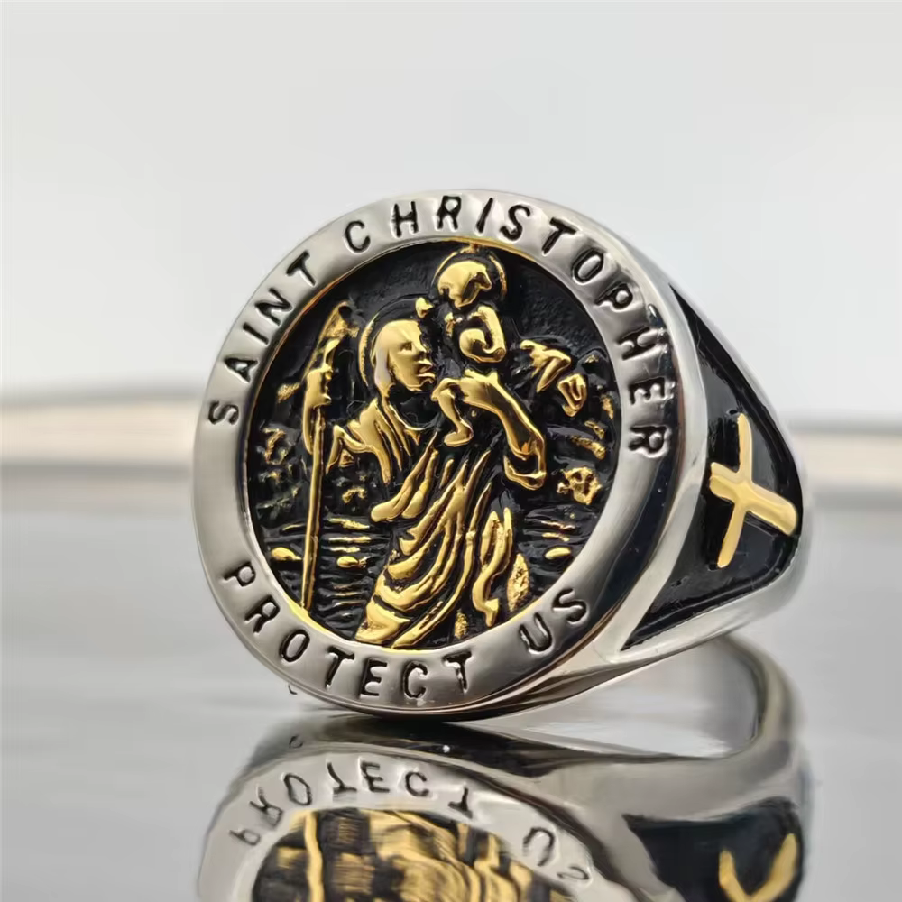Bague solide croix dorée, bijoux en acier inoxydable 316L, Saint-Christophe, bagues de protection am