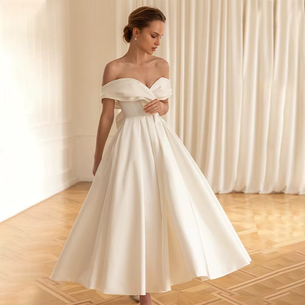 Robes de mariée mi-longues en Satin ivoire, épaules dénudées, robes de princesse pour mariée, ligne 