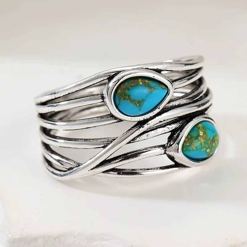 Bague vintage pour femme en imitation turquoise incrustée, couleur argent, style bohème, sculptée à 