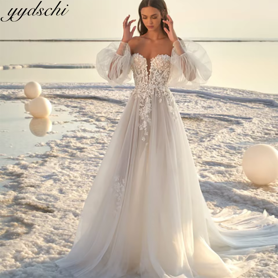 Robes de mariée élégantes 2026 à épaules dénudées, en dentelle, avec fleurs 3D, manches bouffantes, 