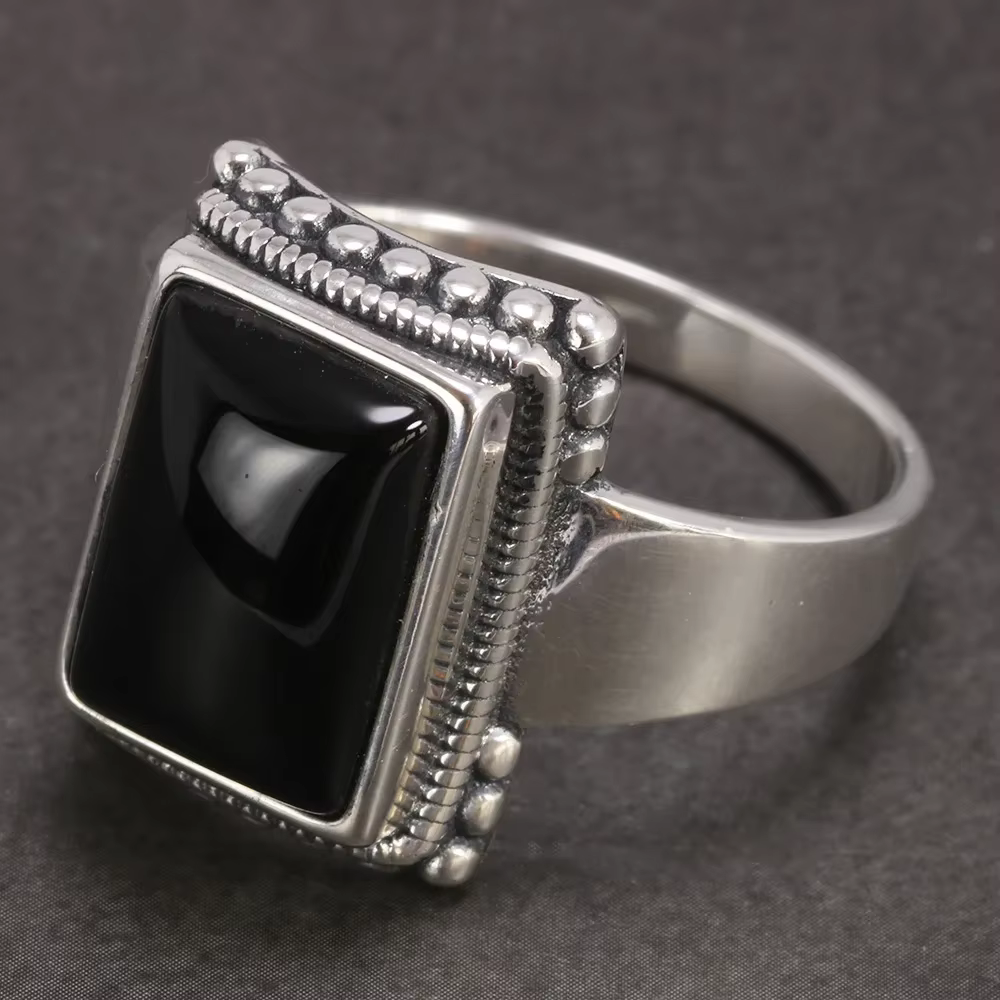 Bagues Lucifer en argent massif 925 avec pierre naturelle d'onyx noir, bague de déclaration faite à 