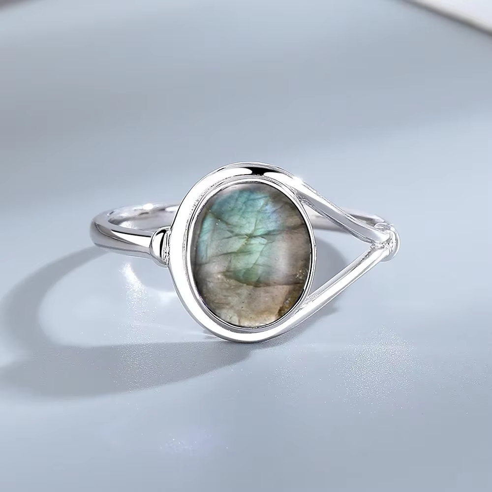 Bague en argent avec pierre de labradorite, motif sculpté vintage, bague ovale, bijoux de doigt bohè