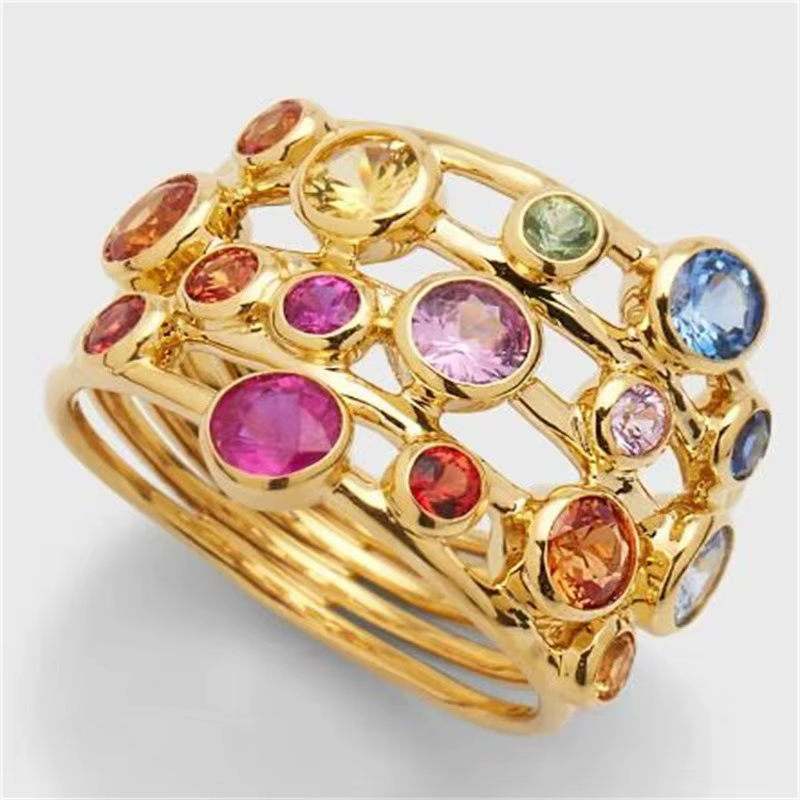 Bague Bohème Multicouche Ondulée avec Zircon Bleu Rond, Bague de Fiançailles Rétro Exagérée pour Fem