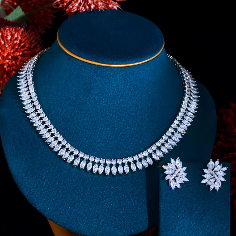 Pera – magnifique collier ras du cou rond en zircone cubique blanche brillante, ensembles de boucles