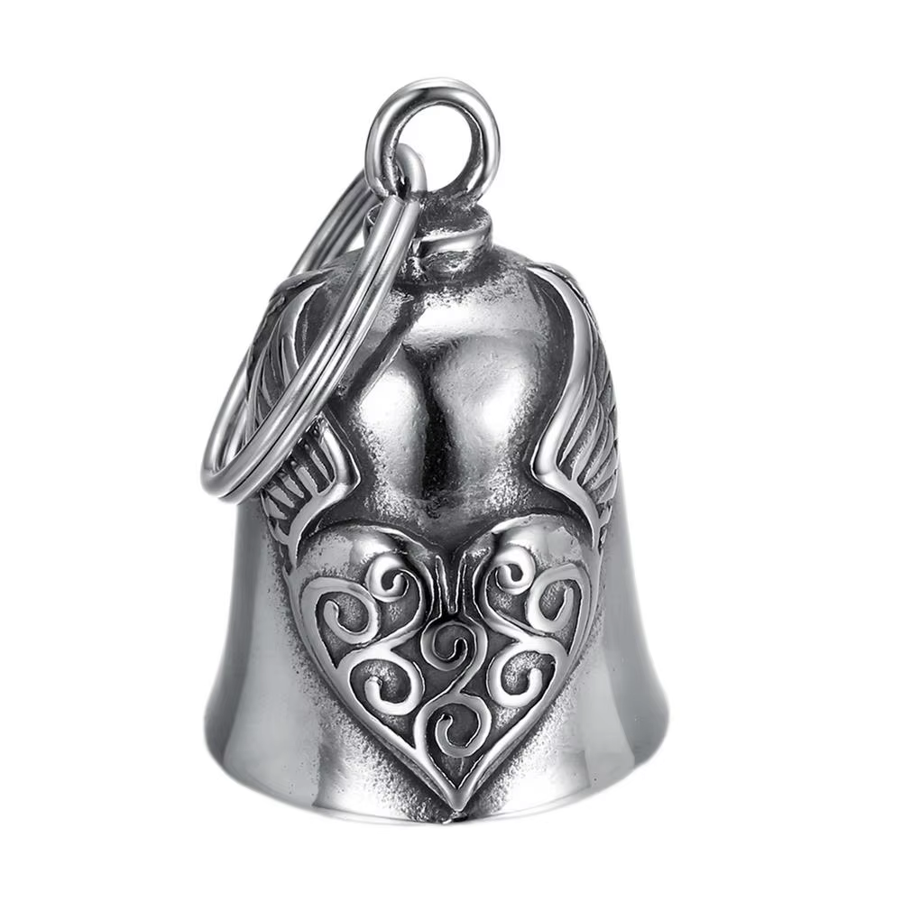 Pendentif cloche porte-bonheur, aile de cœur, cloche de moto, pendentif de cloche de moto, cloche de