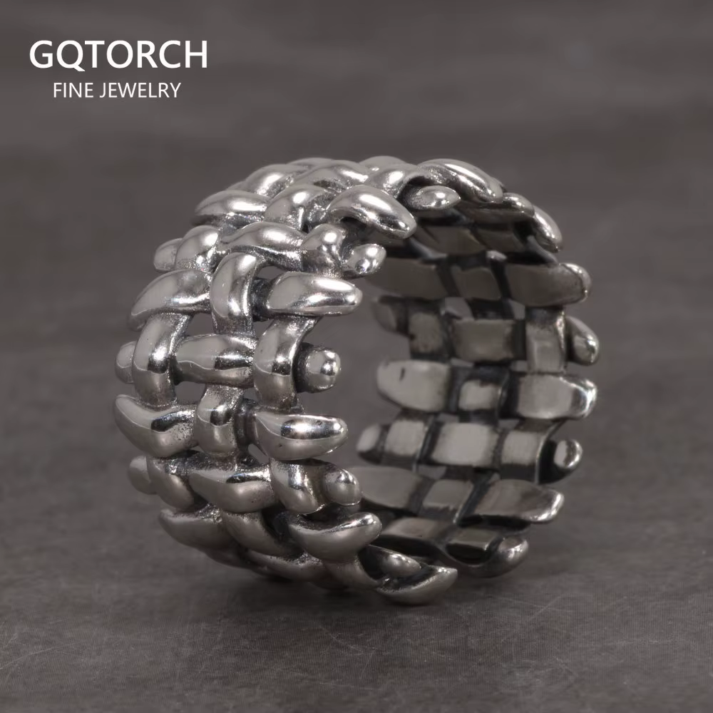 Grande bague tressée en argent Sterling 925, Style Vintage ajustable, bijoux pour hommes et femmes