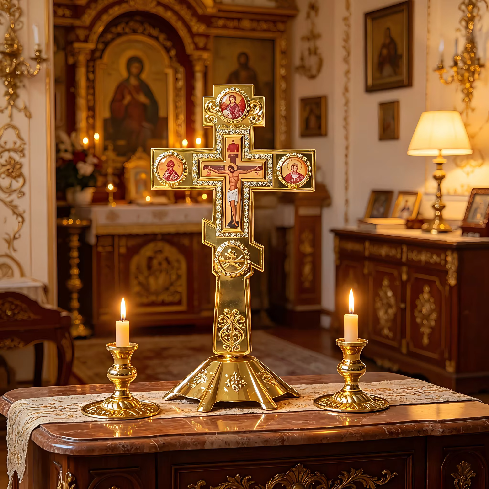 Nouvelle croix orthodoxe plaquée or avec base à icônes sacrées pour la liturgie de l'église, l'autel