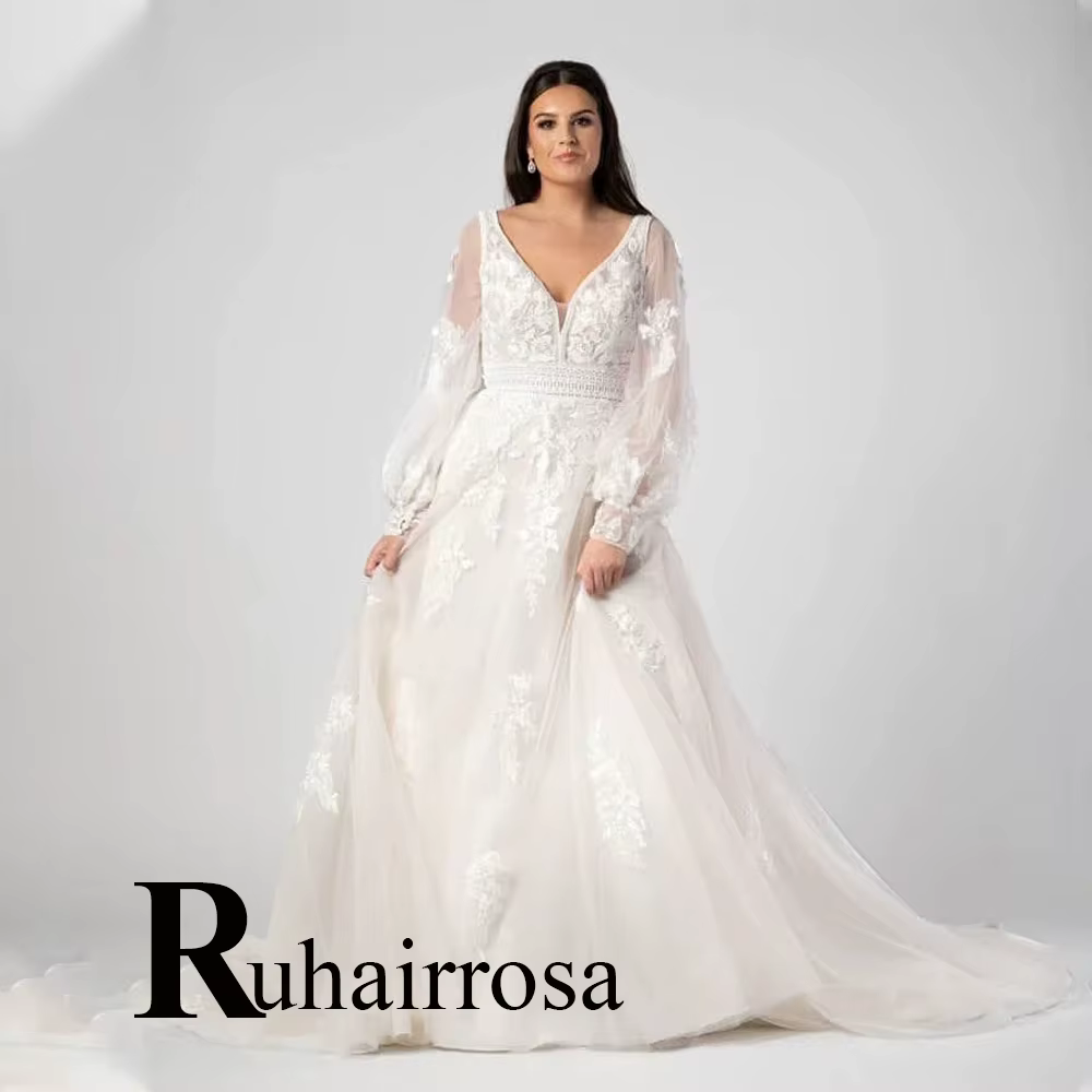 Ruhair – Robe De mariée tendance, col en v, ligne a, avec des Appliques en dentelle, manches bouffan