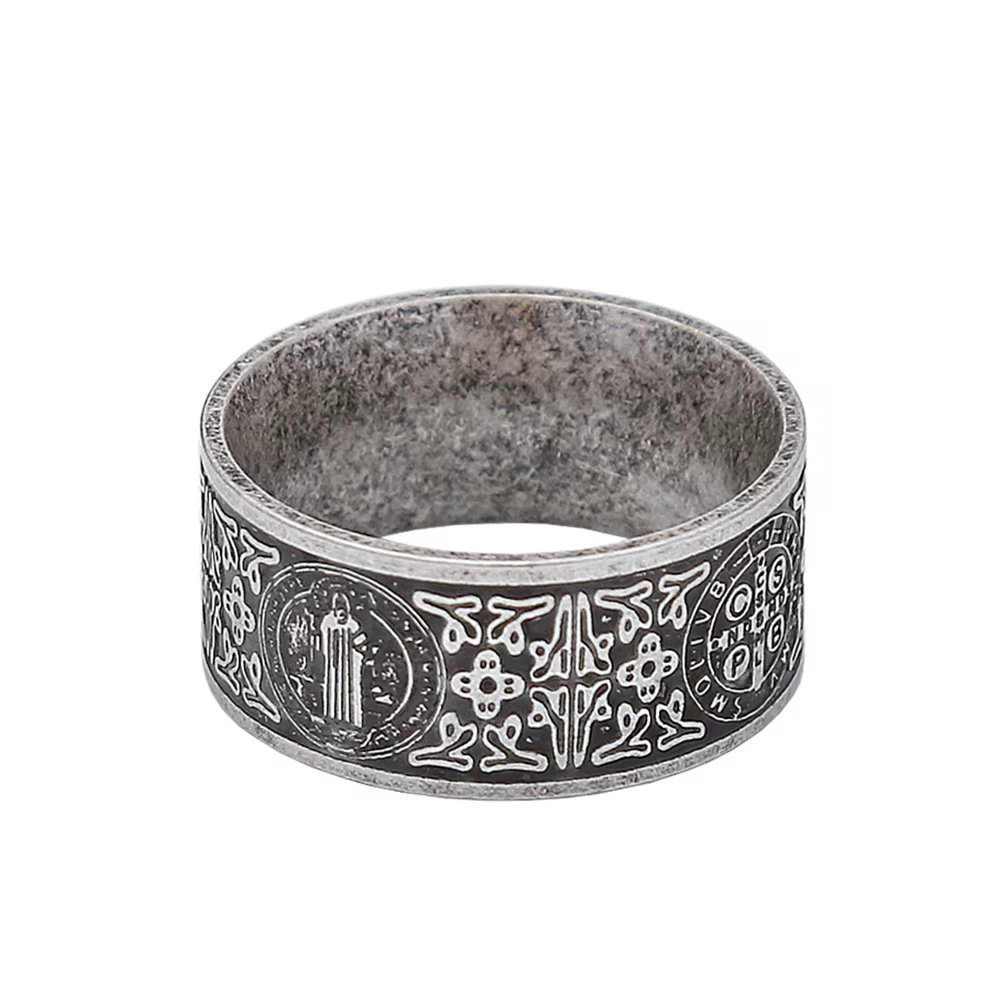 Bague punk rétro en acier inoxydable 316L avec croix de Saint Benoît, bijou religieux pour homme et 