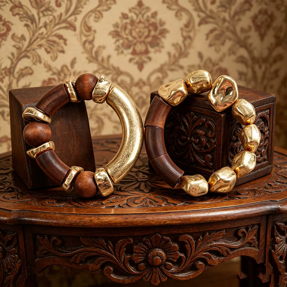 Ensemble de bracelets bohèmes en bois et perles dorées, deux pièces, bijoux empilables pour femmes, 
