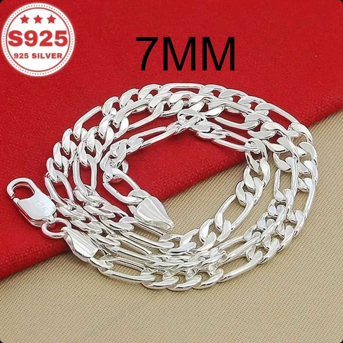 Collier plat en argent sterling 925 de 7 mm, bijoux de mode pour hommes et femmes, accessoires de fê