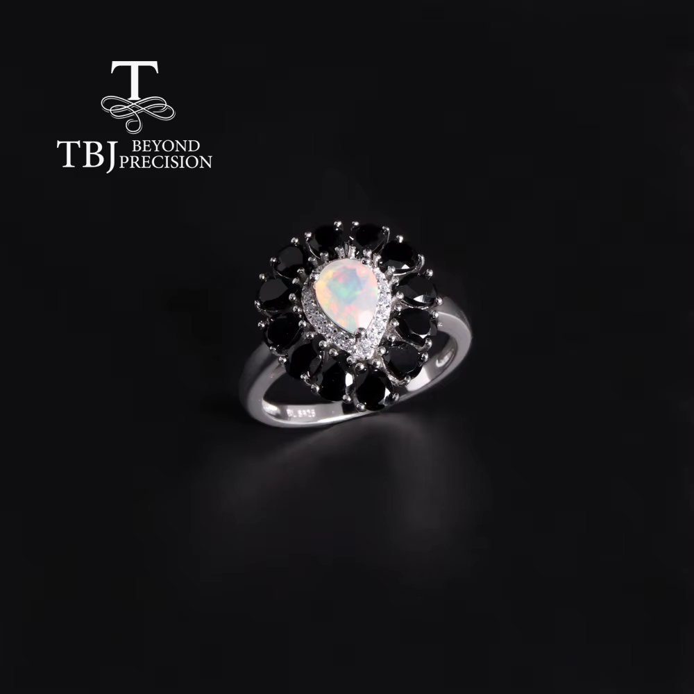 Bague en argent regardé 925 avec spinelle noire pour femme, opale naturelle, bijoux fins élégants, d