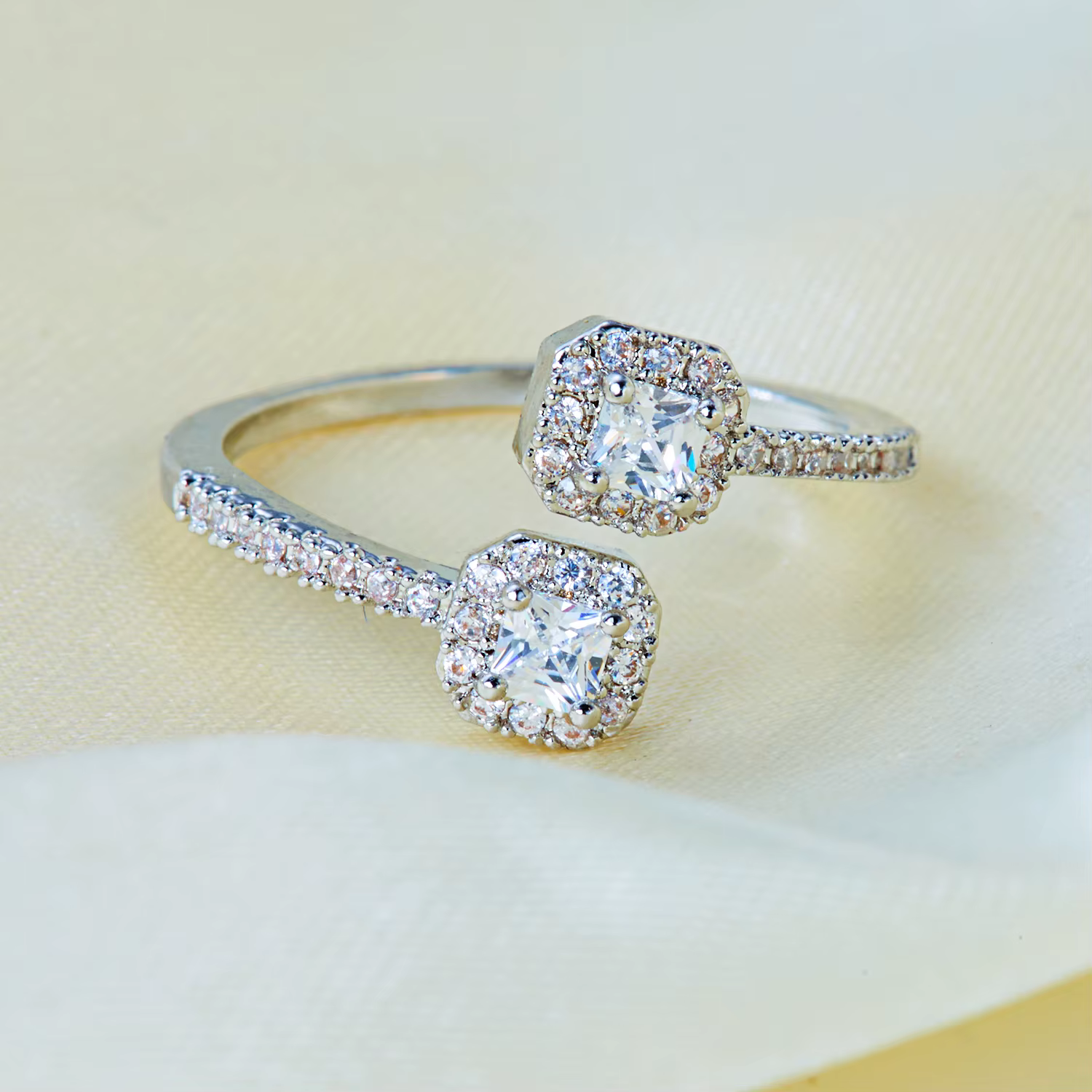 Bague élégante carrée à double tête réglable pour femme, bague ouverte brillante et étincelante, bij