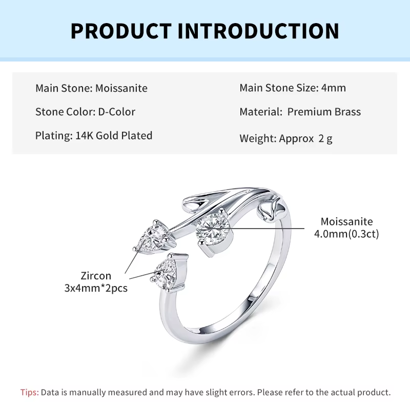 Bague de promesse Rrjzz en moissanite ronde 4 mm couleur D, avec zircon taille poire 5A 3x4 mm, ajus