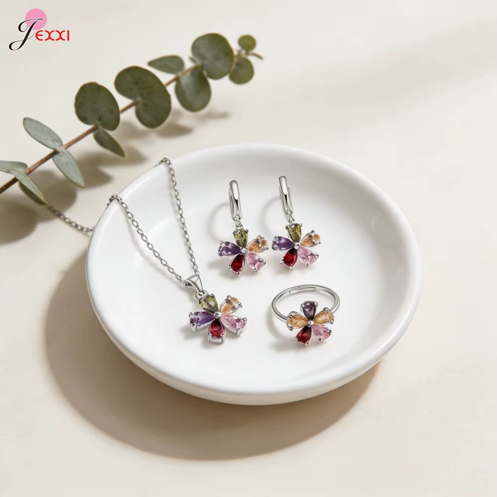 Parure de bijoux en argent sterling 925 véritable étincelante pour femme, motif floral arc-en-ciel, 