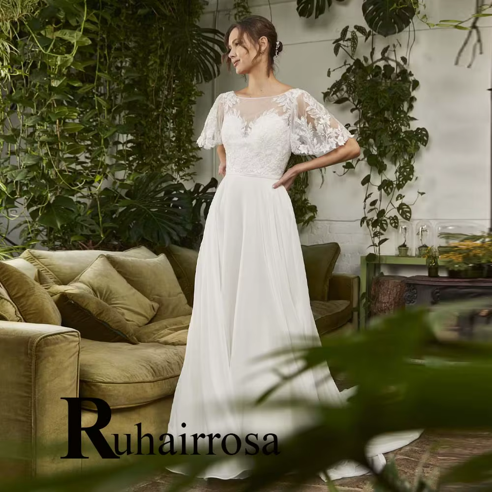 Ruhair robes De mariée délicates a-ligne col rond manches évasées laçage paillettes Tulle robes De N