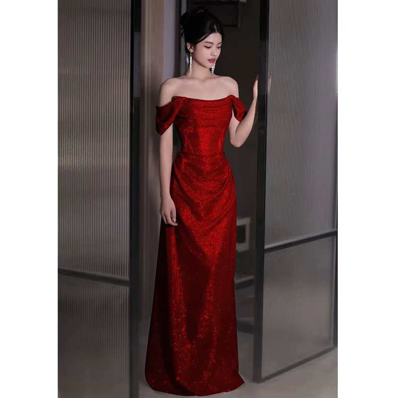 Robe de soirée de forme sirène, épaules dénudées, argentée/rouge, élégante, pour fête de mariage, Ba