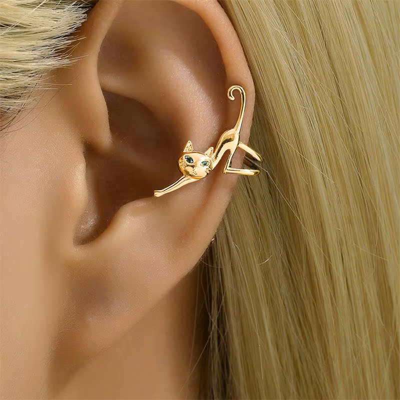1 pièce, boucle d'oreille à clip mignonne avec oreilles de chat et yeux verts, sans perçage, pour fe