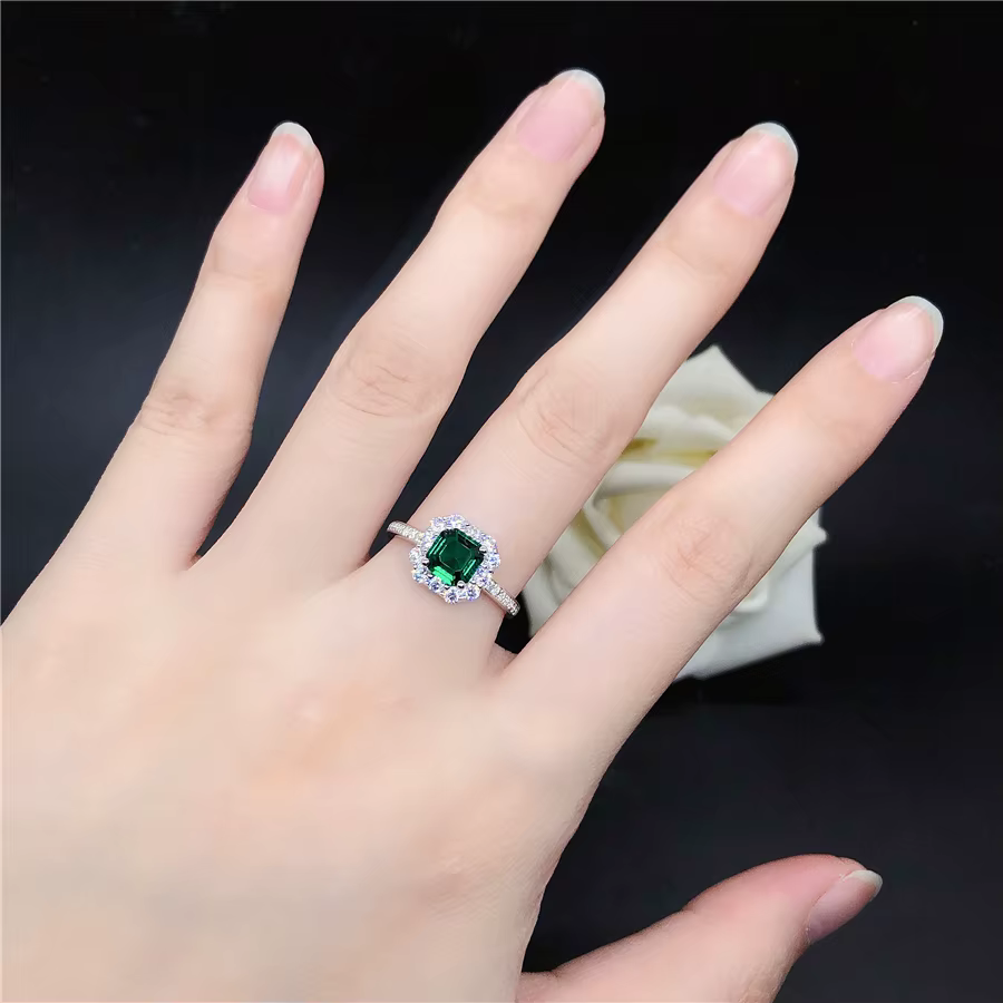 Bague en or blanc pur 18 carats pour femme, émeraude 1ct, fiançailles, or véritable, diamant vert, b