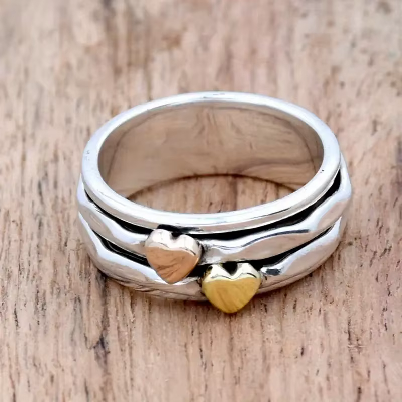 Bague double cœur Huitan pour femme, couleur argent antique, style vintage, bijoux hip-hop pour tous