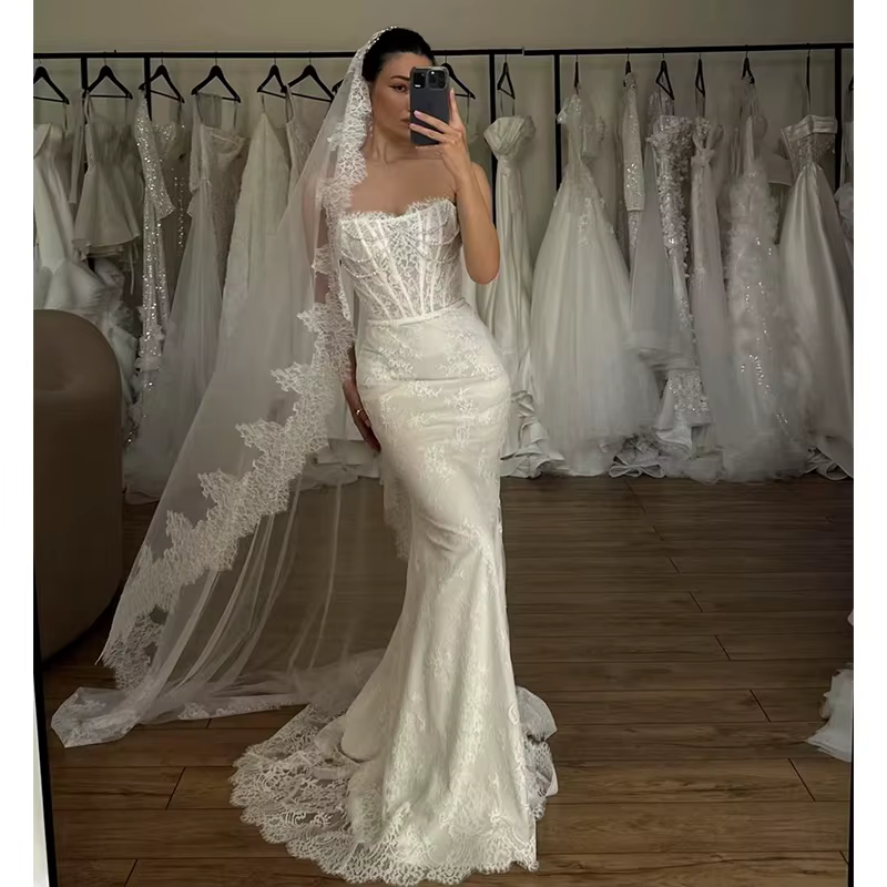 Robe De mariée Vintage en Organza avec broderie, robe De bal sirène, sans bretelles, sans manches, p