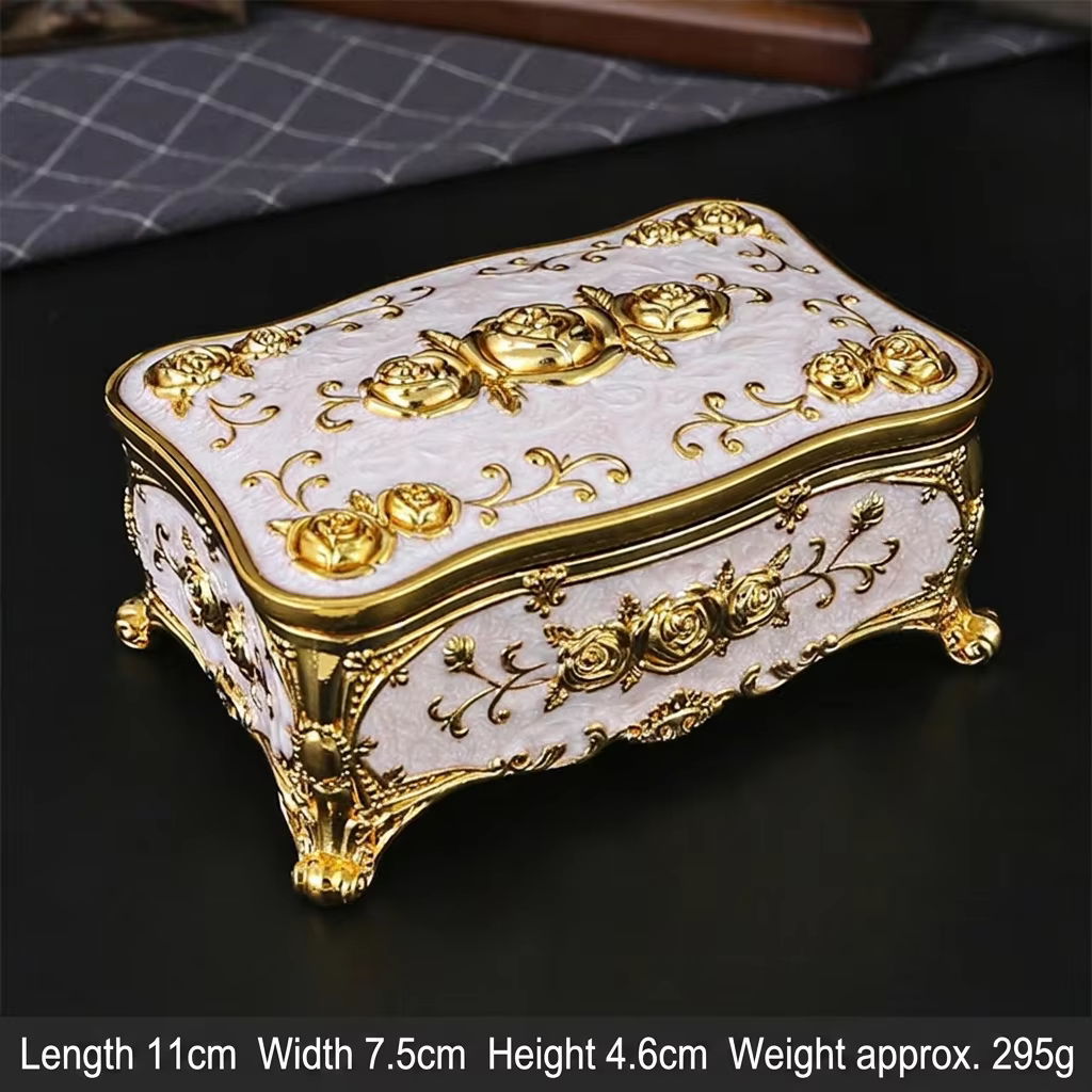 Boîte à bijoux de luxe vintage en alliage métallique avec miroir, organisateur de bibelots à rose en