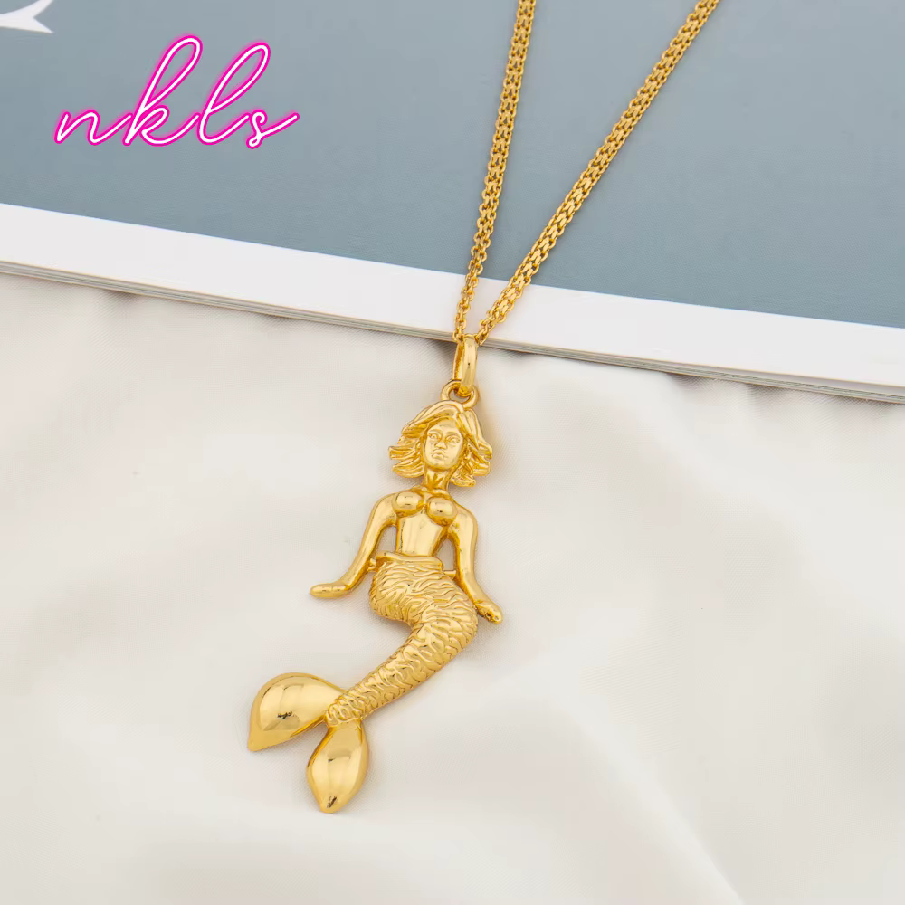 Pendentif Sirène Hip-Hop, Collier en Cuivre Doré pour Femmes et Hommes, Parure de Bijoux Tendance, C