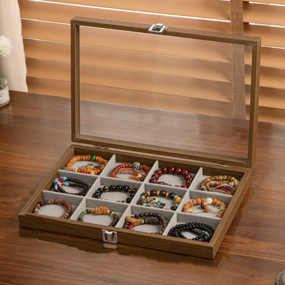 Plateau à bijoux en bois de velours, anti-poussière, colliers, Bracelets, boîte de rangement de bijo