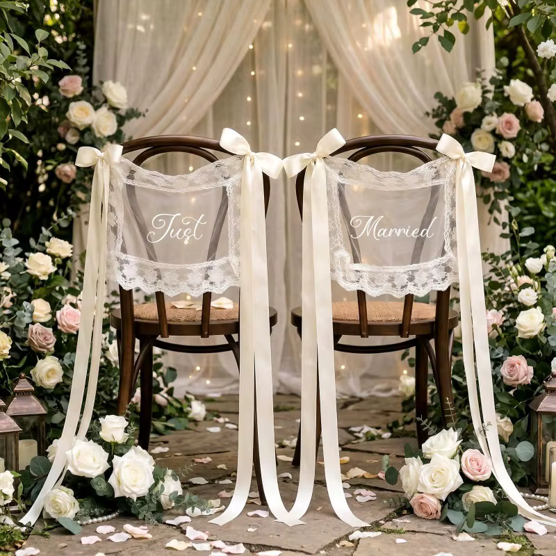 2 Pièces Panneaux de Chaise en Dentelle 'Just Married' pour Mariés, Décorations de Mariage en Dentel