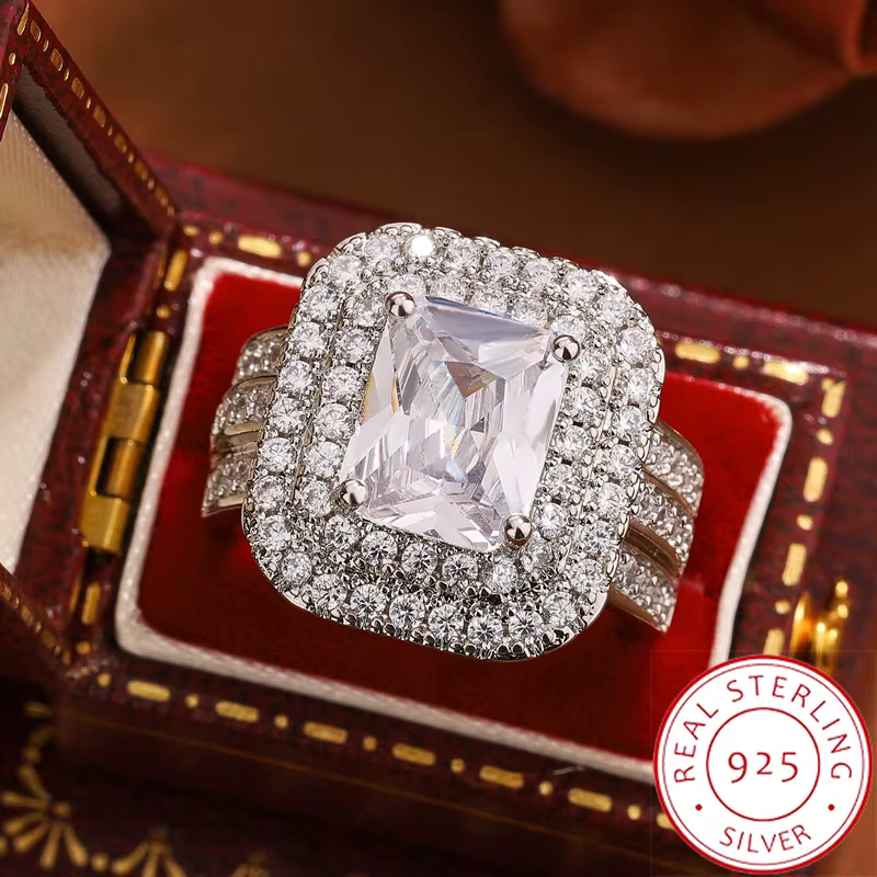 Bague plaquée argent 925 exquise pour femmes, bijoux de fiançailles et d'anniversaire en zircone ébl