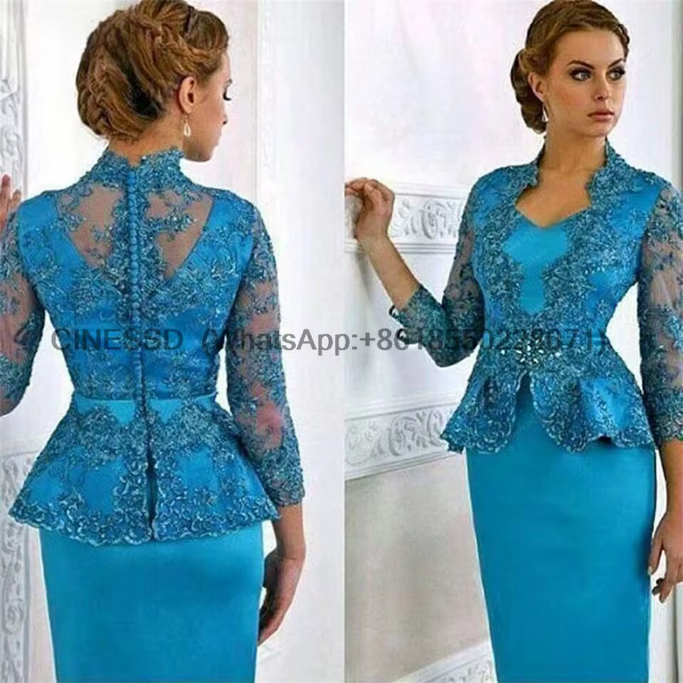 Robes de soirée en satin pour mère de la mariée, gaine en dentelle, manches longues, col en V, péplu