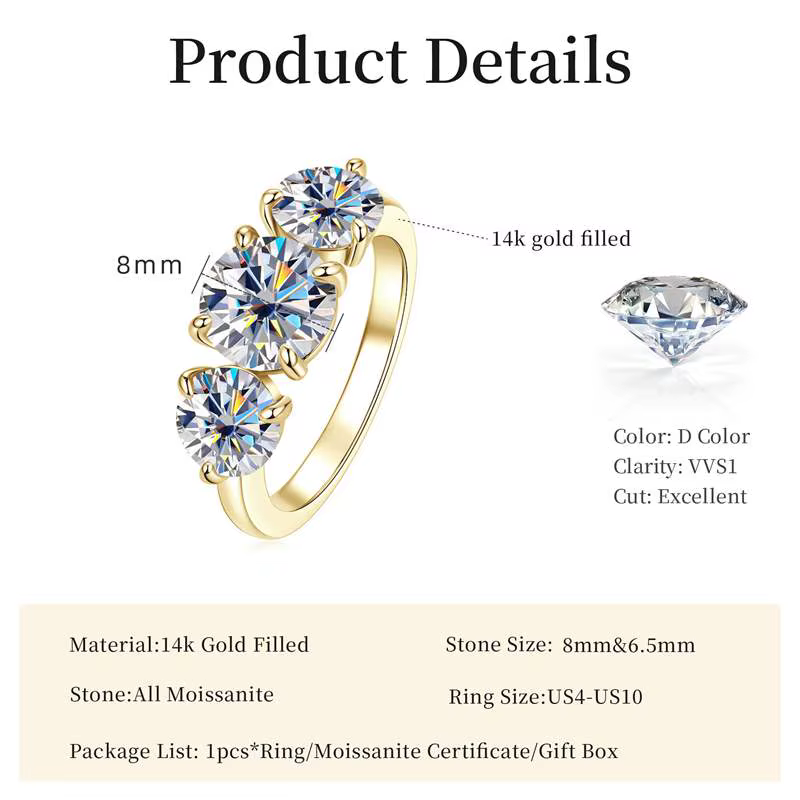 Lnngy – bague de fiançailles ronde en Moissanite pour femmes, 8mm et 6.5mm, en or 14K, trois pierres