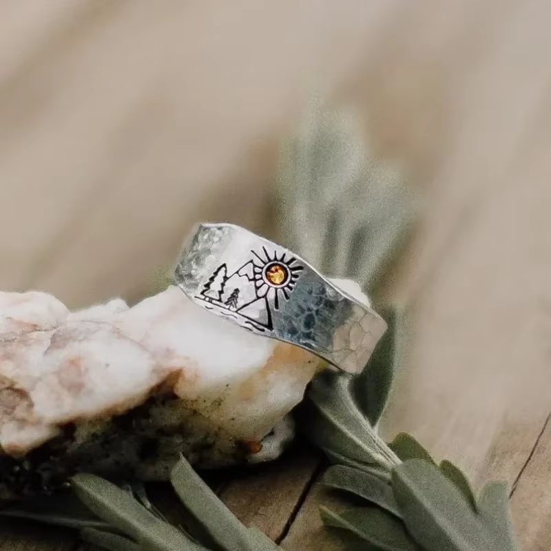 Bague Vintage forêt montagne coucher de soleil Nature paysage sculpté bague pour femmes hommes ouver