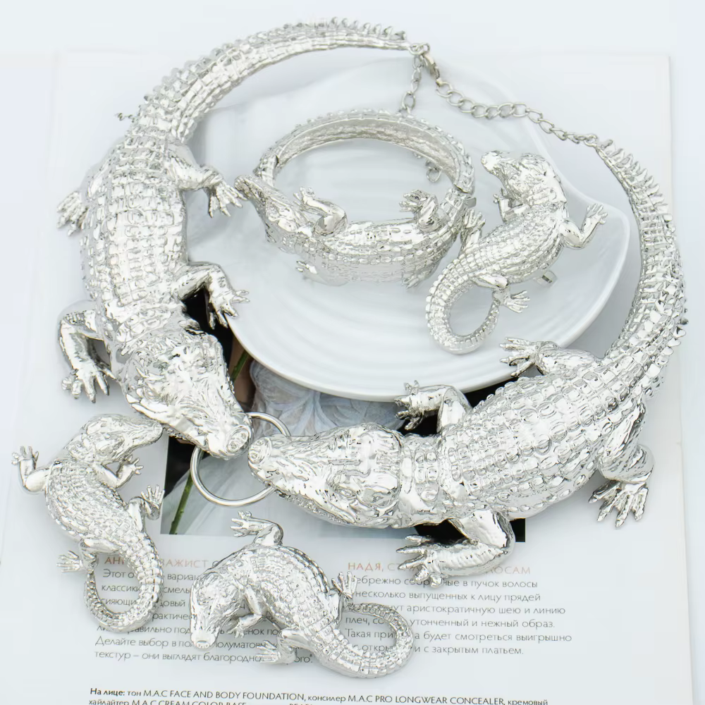 Alligato Crocodile bijoux africain boucle d'oreille ensemble mode femmes plaqué or bague Bracelet co