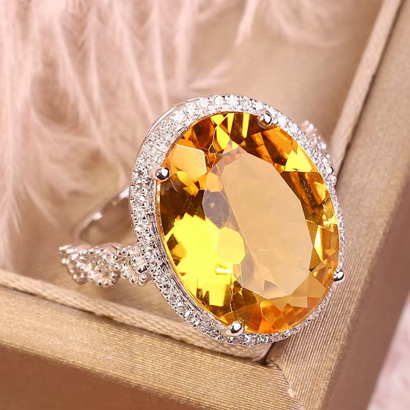 Bague réglable en Citrine jaune naturelle véritable, 16x12mm, argent 925, perle transparente pour fe
