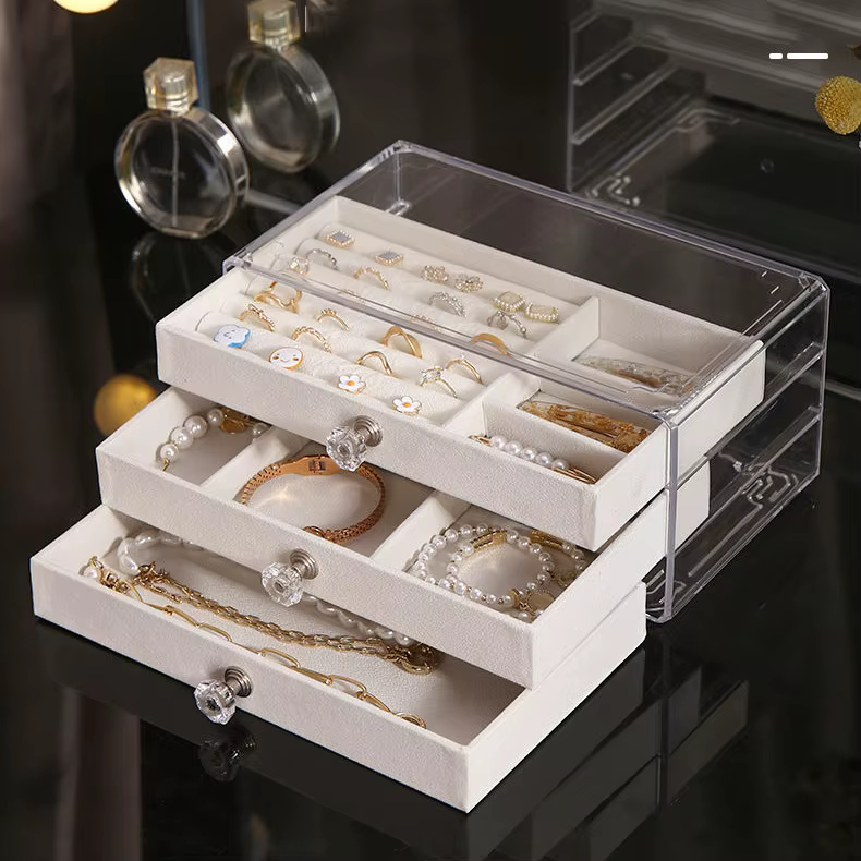 Boîte à bijoux neuve, pratique, à trois étages et trois tiroirs, boîte à bijoux en velours pour bouc