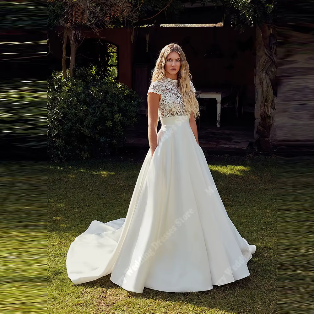 Charmante robe de mariée trapèze à col haut, sans manches, avec des Appliques en dentelle, robes de 